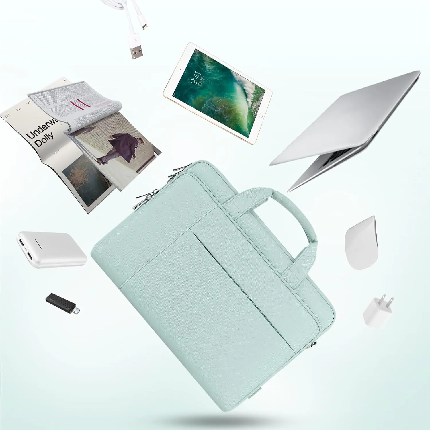 DOMISO 14 inch Laptop Bag Business Briefcase Water-resistant Notebook Messenger Shoulder Bag for 14" MacBook Pro/HP Stream 14 Chromebook 14/IdeaPad ThinkPad/ZenBook,Mint Green
