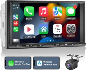 Double Din Car Stereo Radio Wireless CarPlay & Wireless Android Auto, 7in Touchscreen Car Audio Receiver with Bluetooth,Rearview Camera,AM/FM, GPS Navigation,Mirror Link,Subwoofer,USB/AUX/SWC