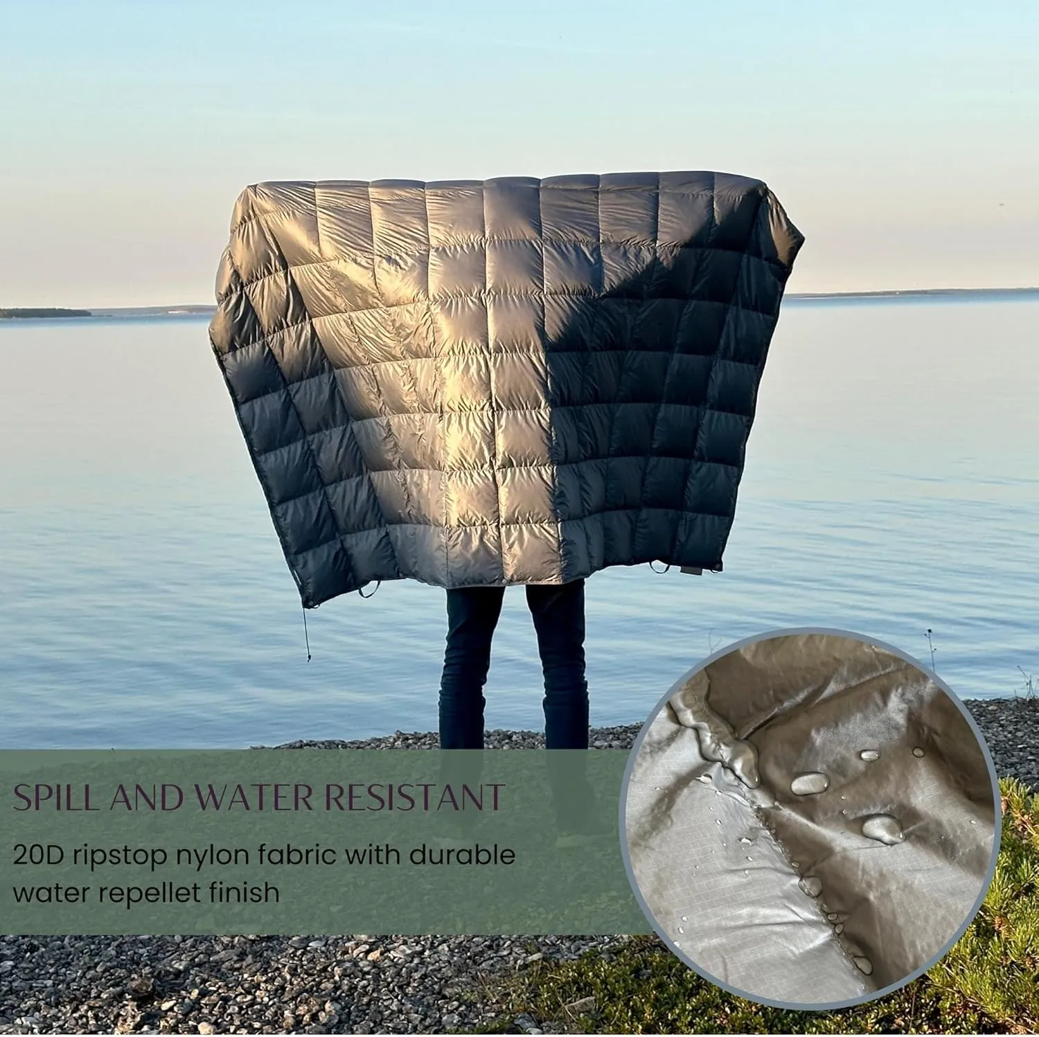 Down Camping Blanket with Footbox - Packable Warm Puffy Lightweight Camp Quilt - Water Resistant for Backpacking Hiking Travel – Compact Outdoor Throw Sleeping Blanket with Bag - 52x77