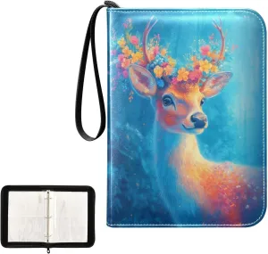 Dreamy Deer Colorful Flowers Card Binder 4 Pocket, Trading Card Holder Fits 400 Game Cards with 50 Removable Sleeves, MTG Card Case Standard Size
