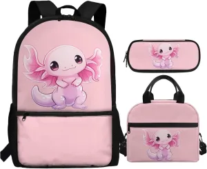 Dreaweet Axolotl Backpack for School Girls 4th Grade with Lunch Box Pencil Case,Kids Bookbag and Lunch Bag Set Elementary School Book Bag Insulated Lunchbox Pencil Pouch 3 In 1