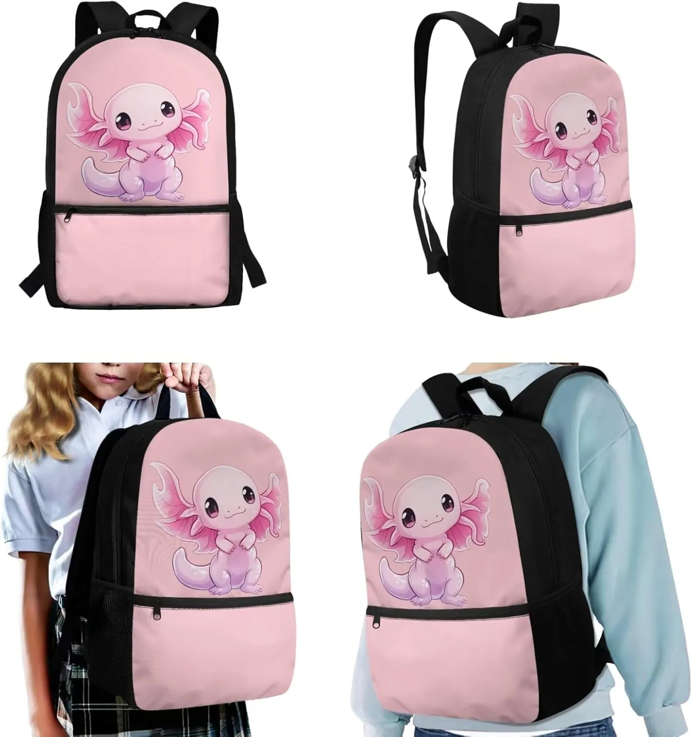 Dreaweet Axolotl Backpack for School Girls 4th Grade with Lunch Box Pencil Case,Kids Bookbag and Lunch Bag Set Elementary School Book Bag Insulated Lunchbox Pencil Pouch 3 In 1