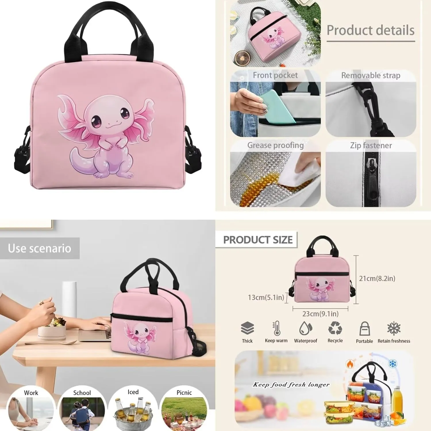 Dreaweet Axolotl Backpack for School Girls 4th Grade with Lunch Box Pencil Case,Kids Bookbag and Lunch Bag Set Elementary School Book Bag Insulated Lunchbox Pencil Pouch 3 In 1