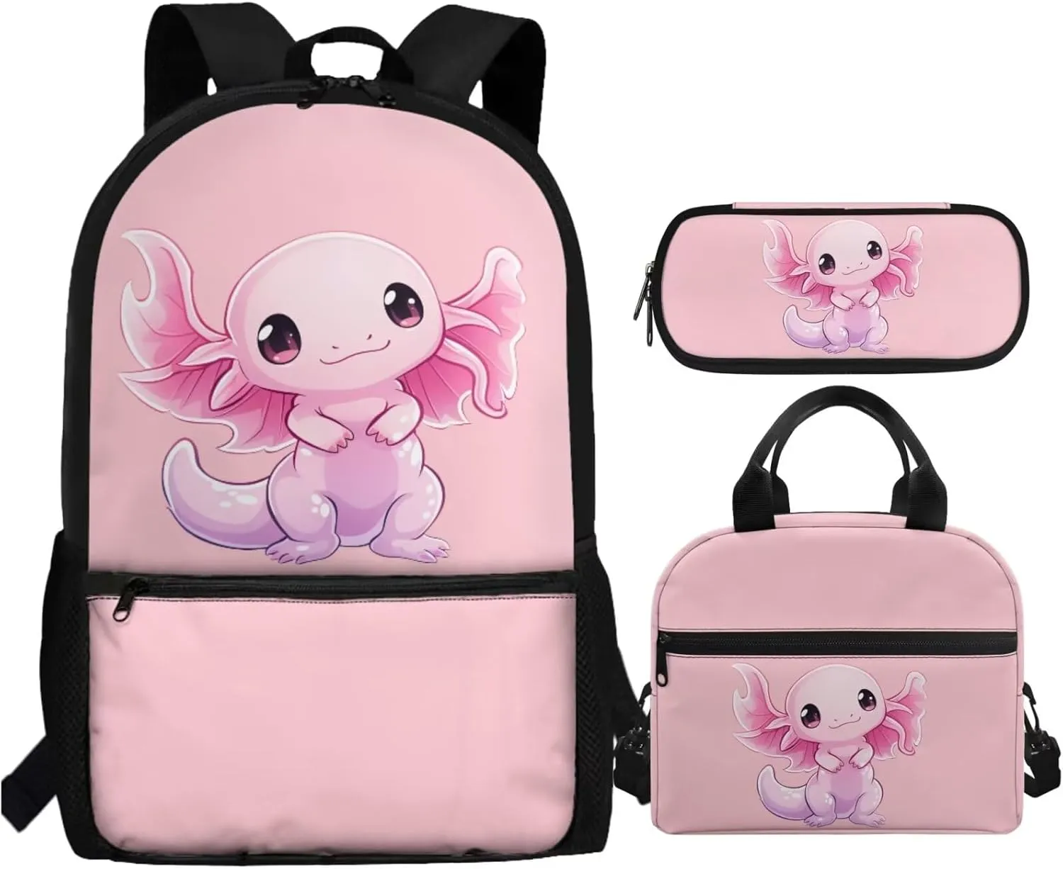 Dreaweet Axolotl Backpack for School Girls 4th Grade with Lunch Box Pencil Case,Kids Bookbag and Lunch Bag Set Elementary School Book Bag Insulated Lunchbox Pencil Pouch 3 In 1