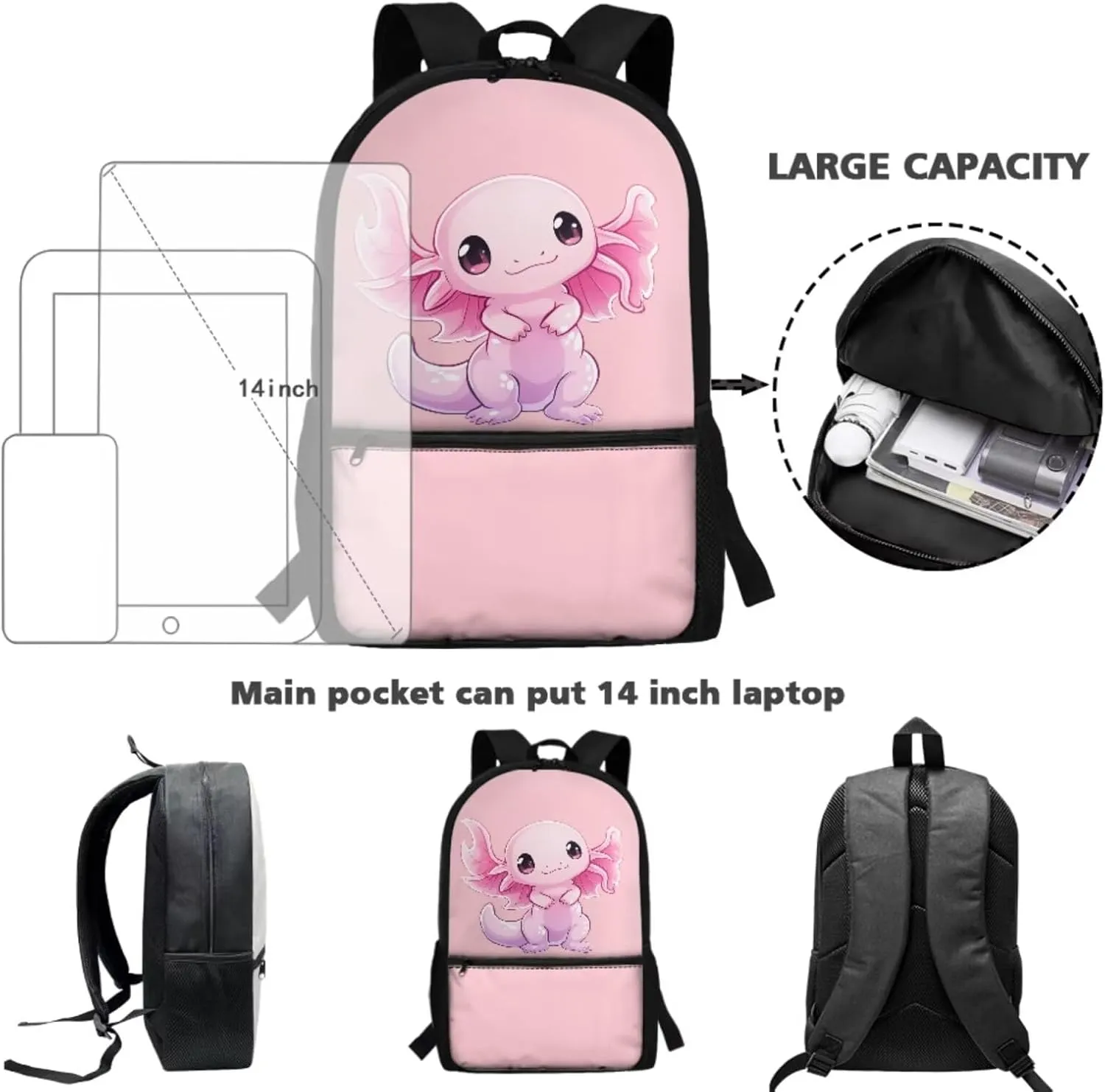 Dreaweet Axolotl Backpack for School Girls 4th Grade with Lunch Box Pencil Case,Kids Bookbag and Lunch Bag Set Elementary School Book Bag Insulated Lunchbox Pencil Pouch 3 In 1