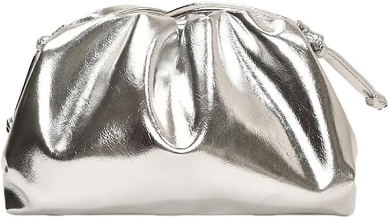 Dressy Vegan Leather Metallic Ruched Clutch Purse for Women Pleated Evening Bag for Wedding Party Prom
