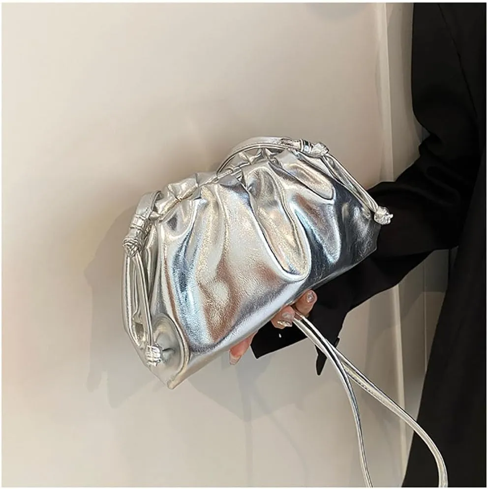 Dressy Vegan Leather Metallic Ruched Clutch Purse for Women Pleated Evening Bag for Wedding Party Prom