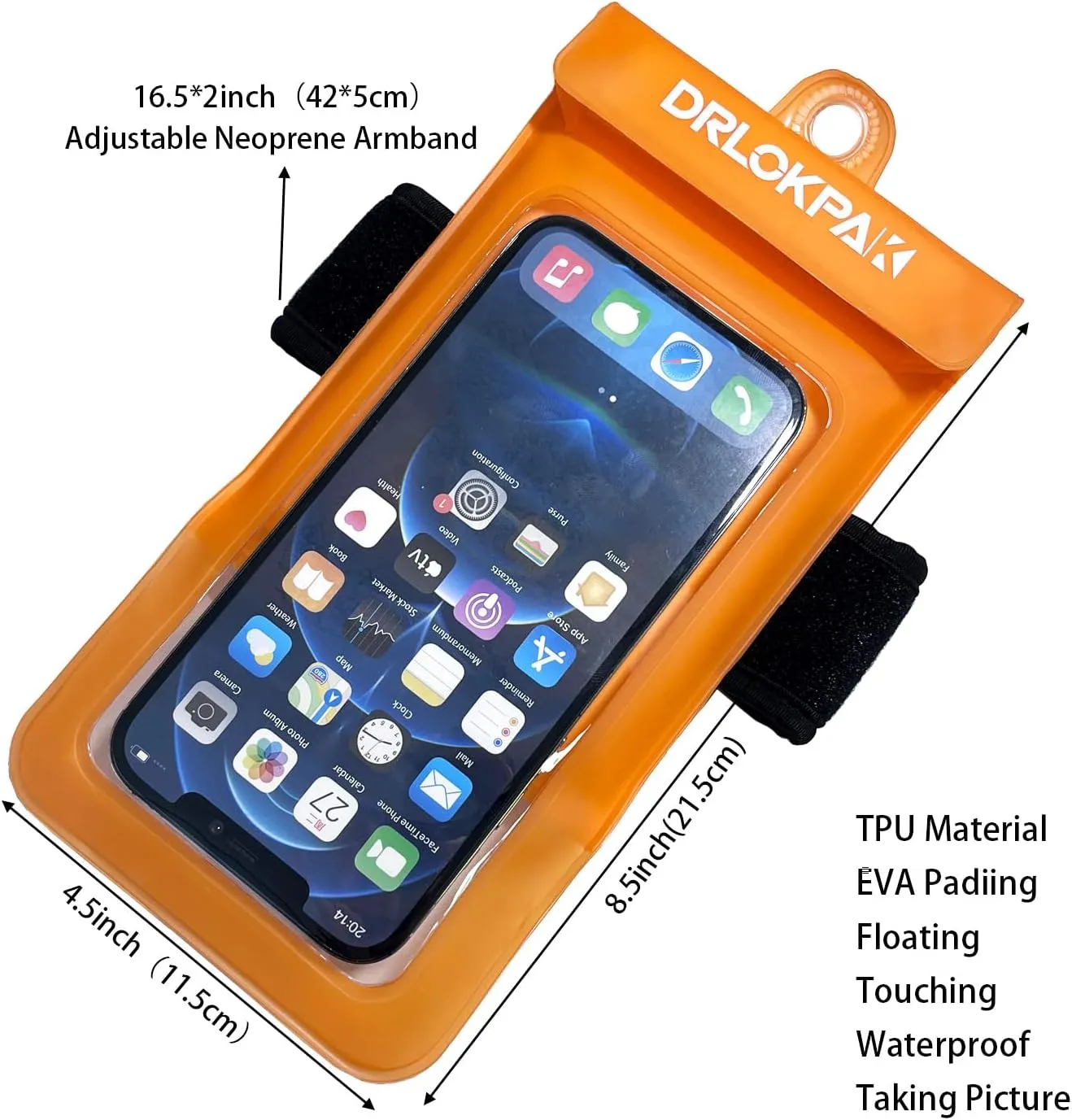 DRLOKPAK Waterproof Phone Case Armband Surfing Dry Bag Floating Waterproof Pouch Holder for iPhone 15 14 13 12 Pro Max XS Plus Se Galaxy S23   Ultra W24 Google LG Phone up to 7inch (Orange)