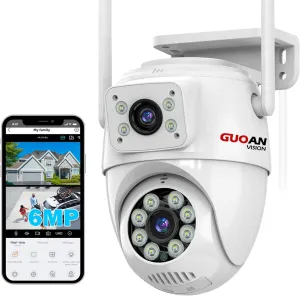 【Dual Lens Linkage】 6MP Security Camera Outdoor, WiFi Security Camera,Outdoor Camera Wireless,360°View,IP66 Waterproof,Human Detection&Tracking,Night Vision,24/7 Record,Corded Power