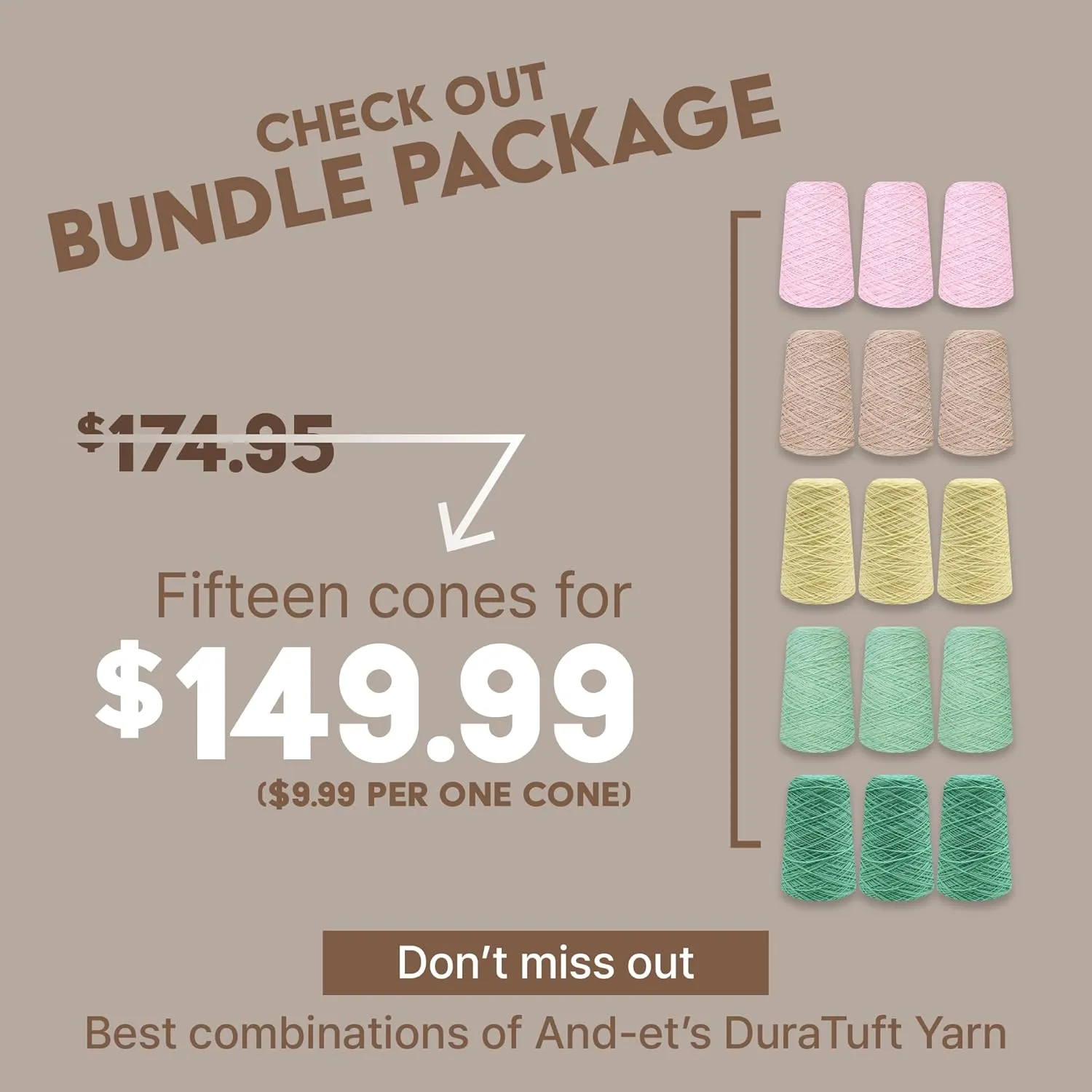 DuraTuft Yarn 45 Vibrant Colors Tufting Nylon Yarn Pack - Ideal for Crochet, Craft Projects -100% B.C.F. - 3 Cones x 1.66lbs -180yards -Perfect for Rug Weaving and Knitting (30 Ashy Blue)