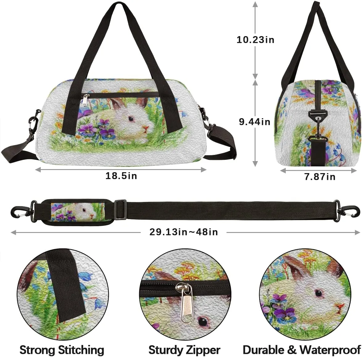 Easter Rabbit Flower Kids Duffel Bag for Girls Boys Teens, Rabbit Oil Painting Dance Bag Overnight Small Duffel Bag Carry On Weekend Sports Gym Travel Bag for School Practice Gymnastics Ballet