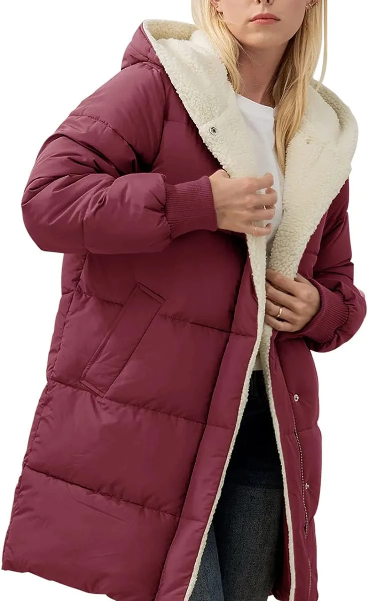 Ebifin Womens Winter Warm Coats Sherpa Fleece Lined Long Hooded Puffer Jacket