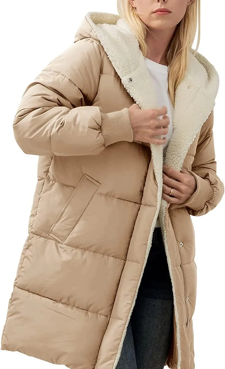 Ebifin Womens Winter Warm Coats Sherpa Fleece Lined Long Hooded Puffer Jacket