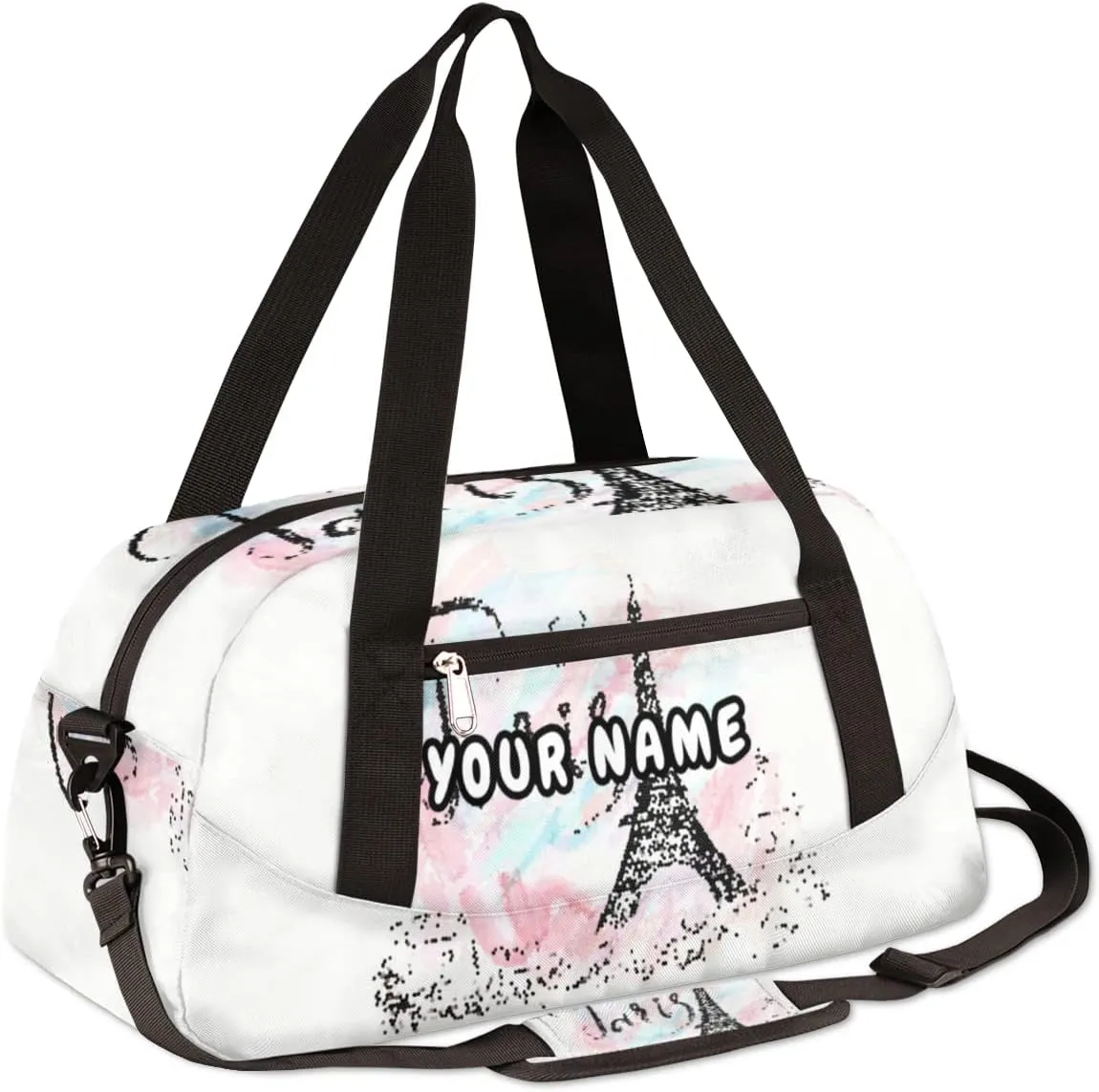 Eiffel Tower Paris Hearts Personalized Kids Duffel Bag for Girls, Eiffel Tower Debris Custom Dance Bag Overnight Small Duffel Bag Carry On Sports Travel Bag for School Practice Gymnastics Ballet