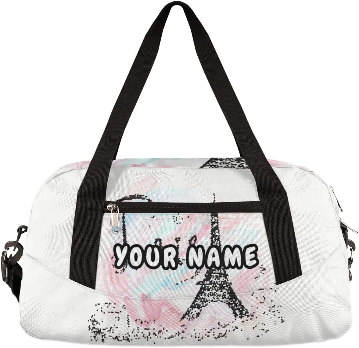 Eiffel Tower Paris Hearts Personalized Kids Duffel Bag for Girls, Eiffel Tower Debris Custom Dance Bag Overnight Small Duffel Bag Carry On Sports Travel Bag for School Practice Gymnastics Ballet