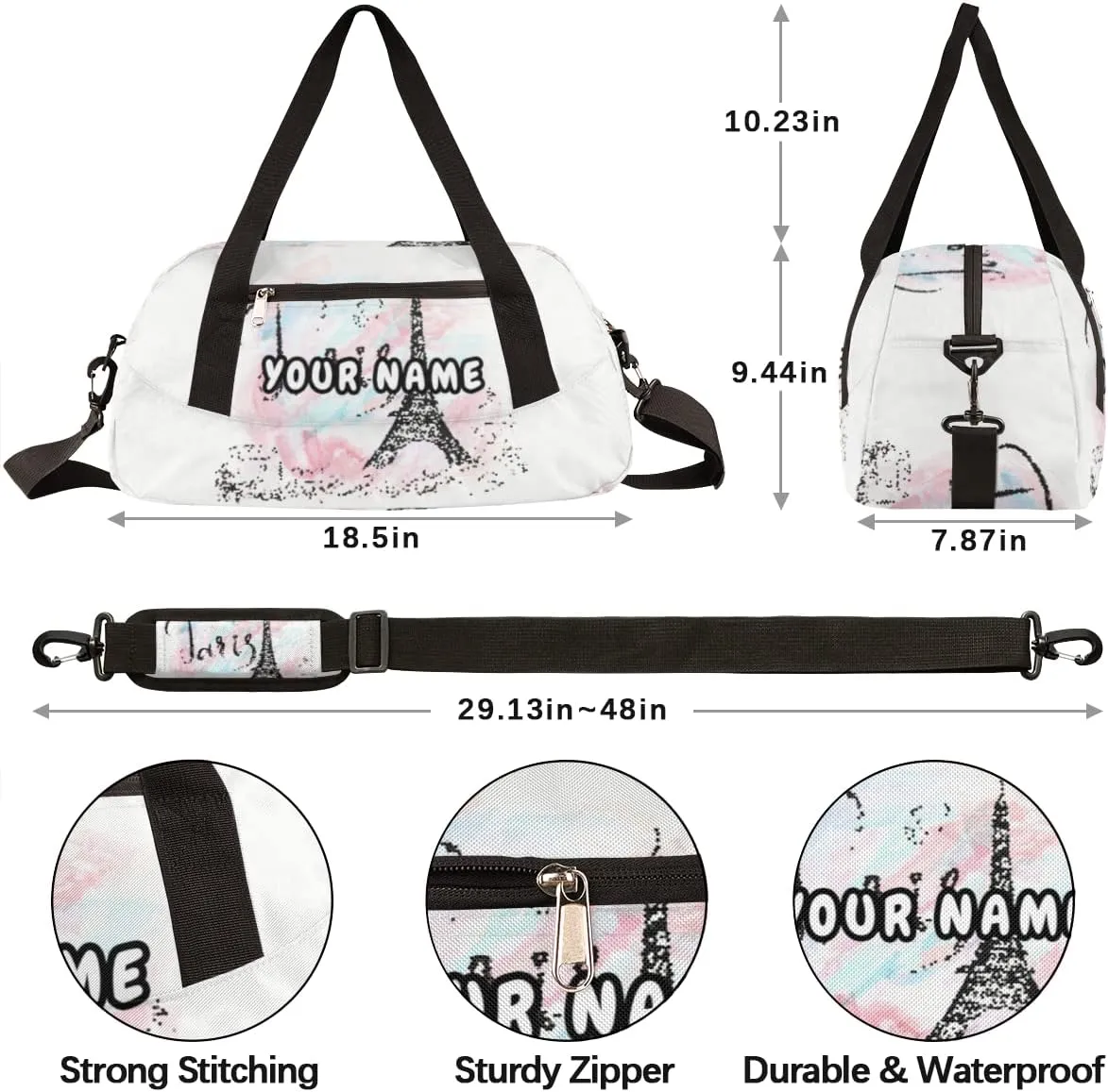 Eiffel Tower Paris Hearts Personalized Kids Duffel Bag for Girls, Eiffel Tower Debris Custom Dance Bag Overnight Small Duffel Bag Carry On Sports Travel Bag for School Practice Gymnastics Ballet