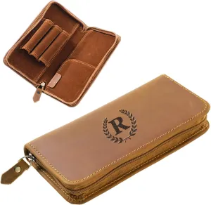 EURYNOME Personalised Vintage Zippered Pen Case Leather Pencil Case,Genuine leather Shockproof Fountain Pen Holder 3 Divided Slots,Portable Storage Bag for Invoice/Receipt/Cards/Coupon/Tickets