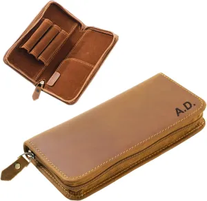 EURYNOME Personalised Vintage Zippered Pen Case Leather Pencil Case,Genuine leather Shockproof Fountain Pen Holder 3 Divided Slots,Portable Storage Bag for Invoice/Receipt/Cards/Coupon/Tickets