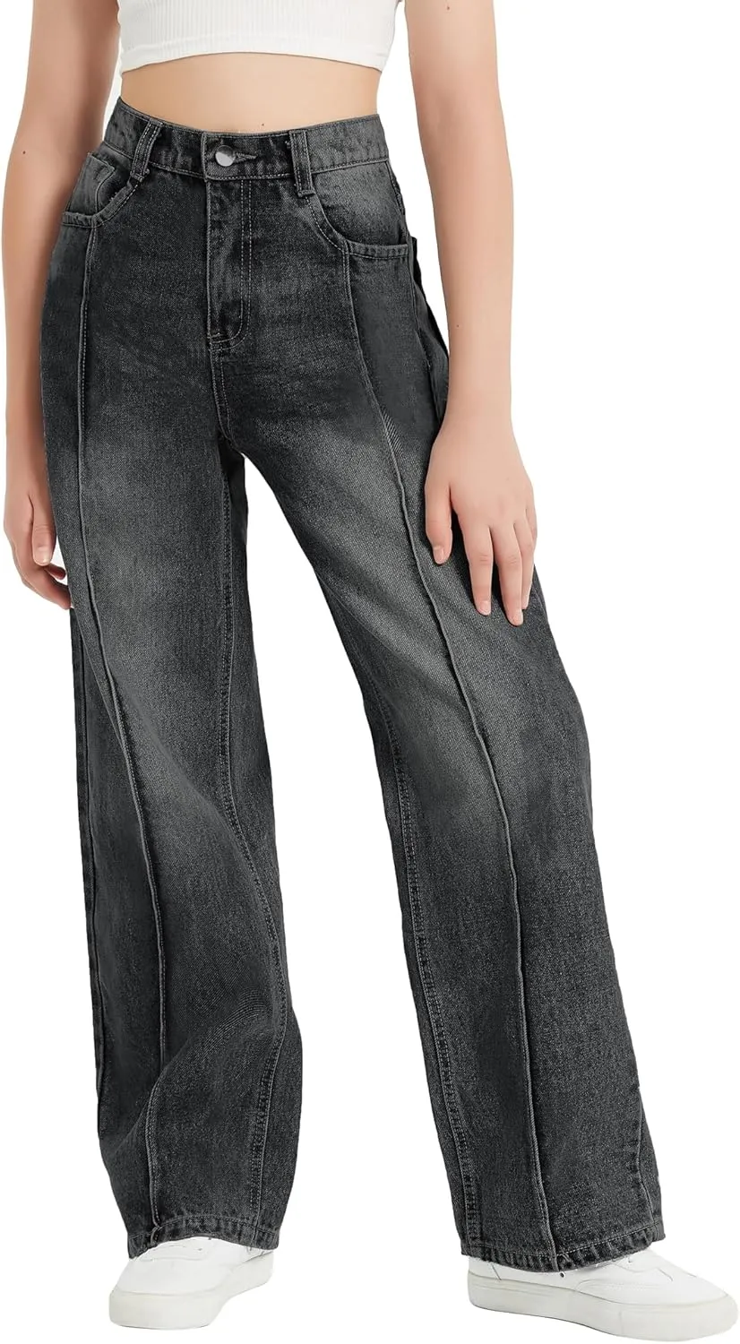 EXARUS Girls Jeans Wide Leg Cute Baggy Teen Denim Pants Mid Rise Elastic Band with Pockets Casual