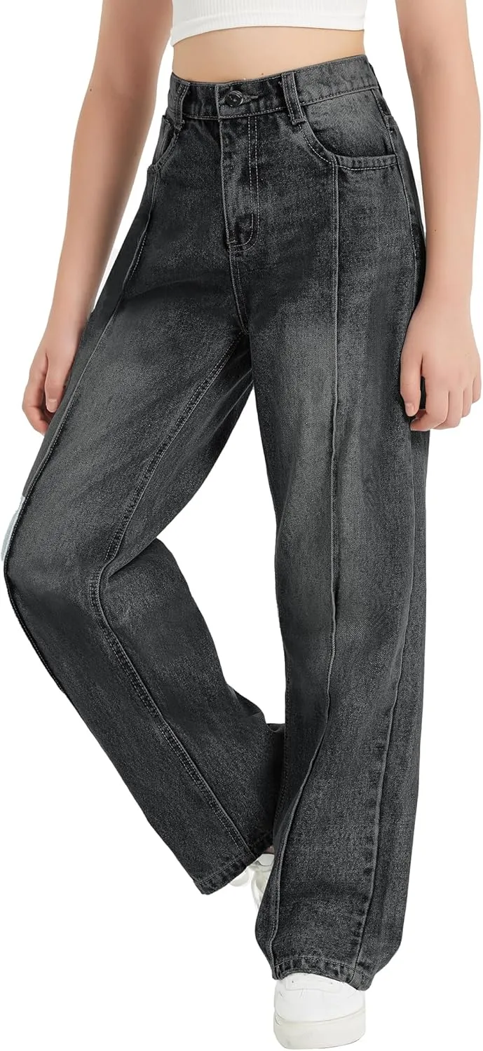 EXARUS Girls Jeans Wide Leg Cute Baggy Teen Denim Pants Mid Rise Elastic Band with Pockets Casual