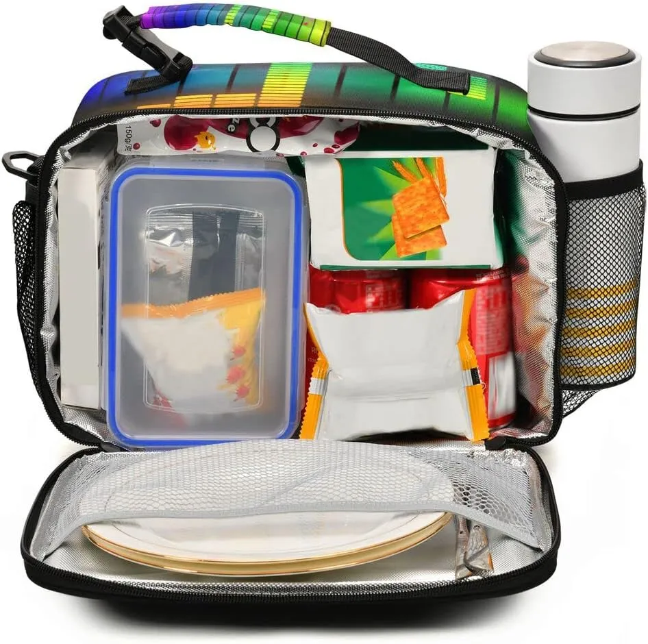 Exnundod Colorful Music Note Lunch Box Bag Rainbow Lines Reusable Insulated Bag for Men Woman Cooler Lunch Tote with Bottle Holder Adjuster Shoulder Strap Durable Lunch Bags