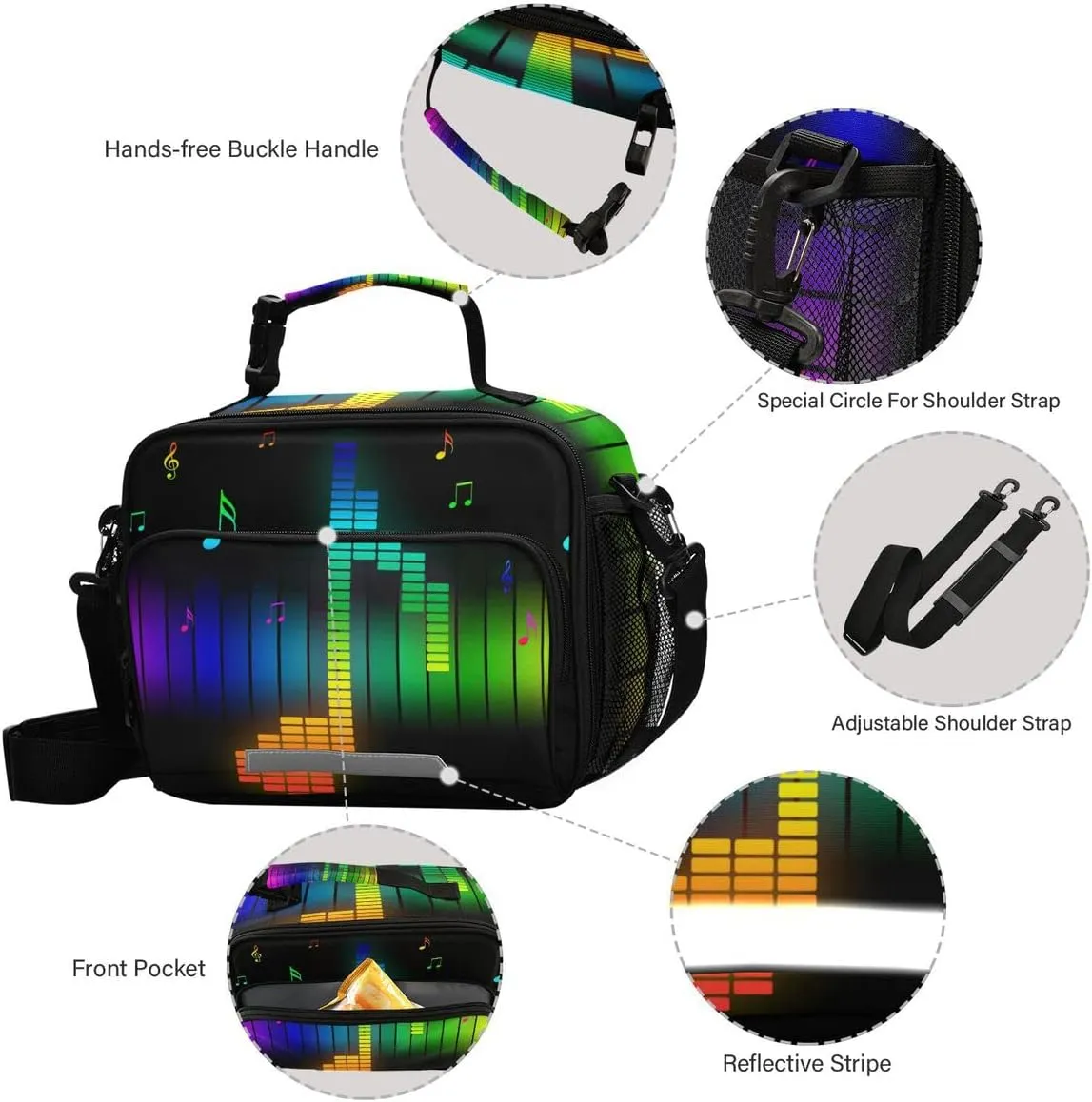 Exnundod Colorful Music Note Lunch Box Bag Rainbow Lines Reusable Insulated Bag for Men Woman Cooler Lunch Tote with Bottle Holder Adjuster Shoulder Strap Durable Lunch Bags