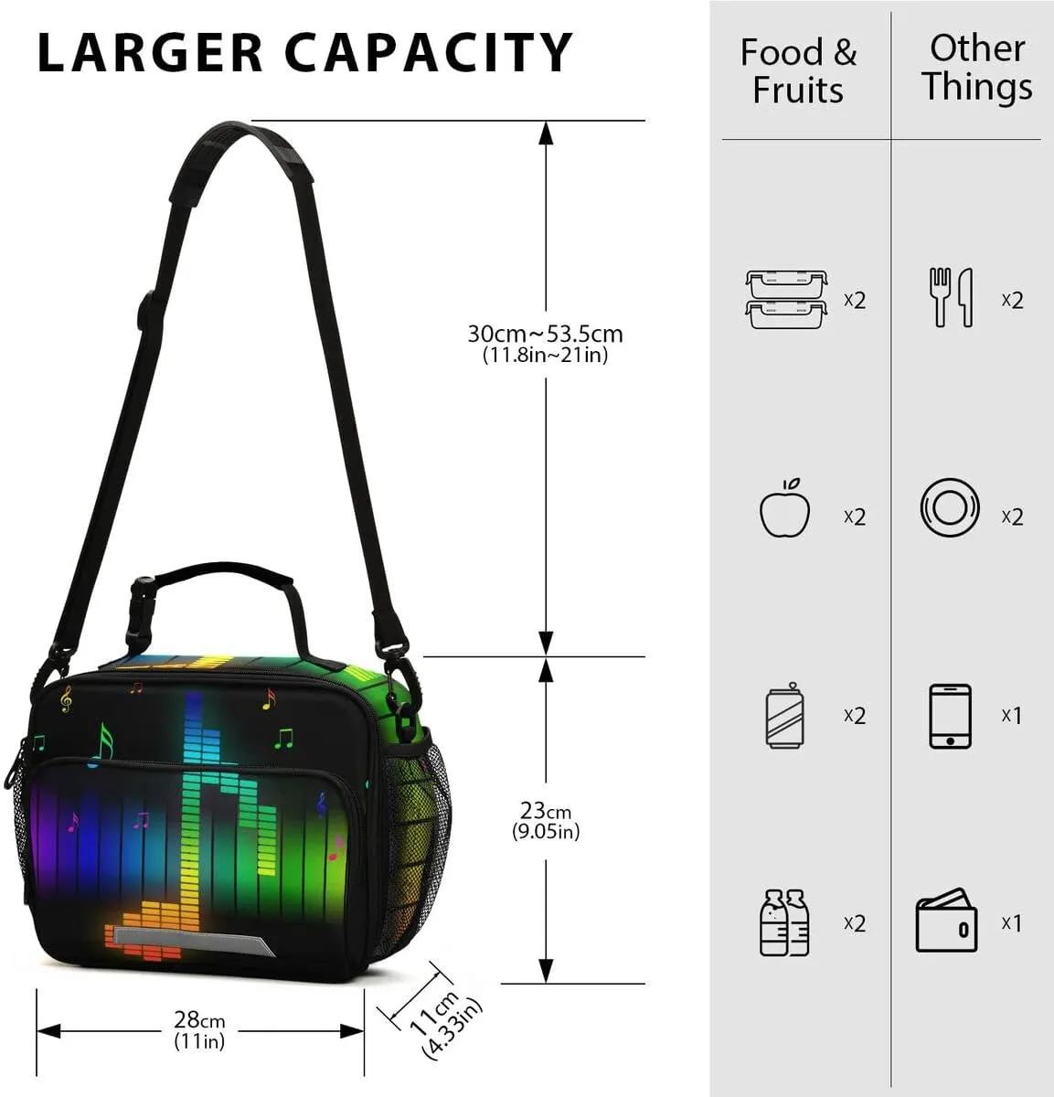 Exnundod Colorful Music Note Lunch Box Bag Rainbow Lines Reusable Insulated Bag for Men Woman Cooler Lunch Tote with Bottle Holder Adjuster Shoulder Strap Durable Lunch Bags