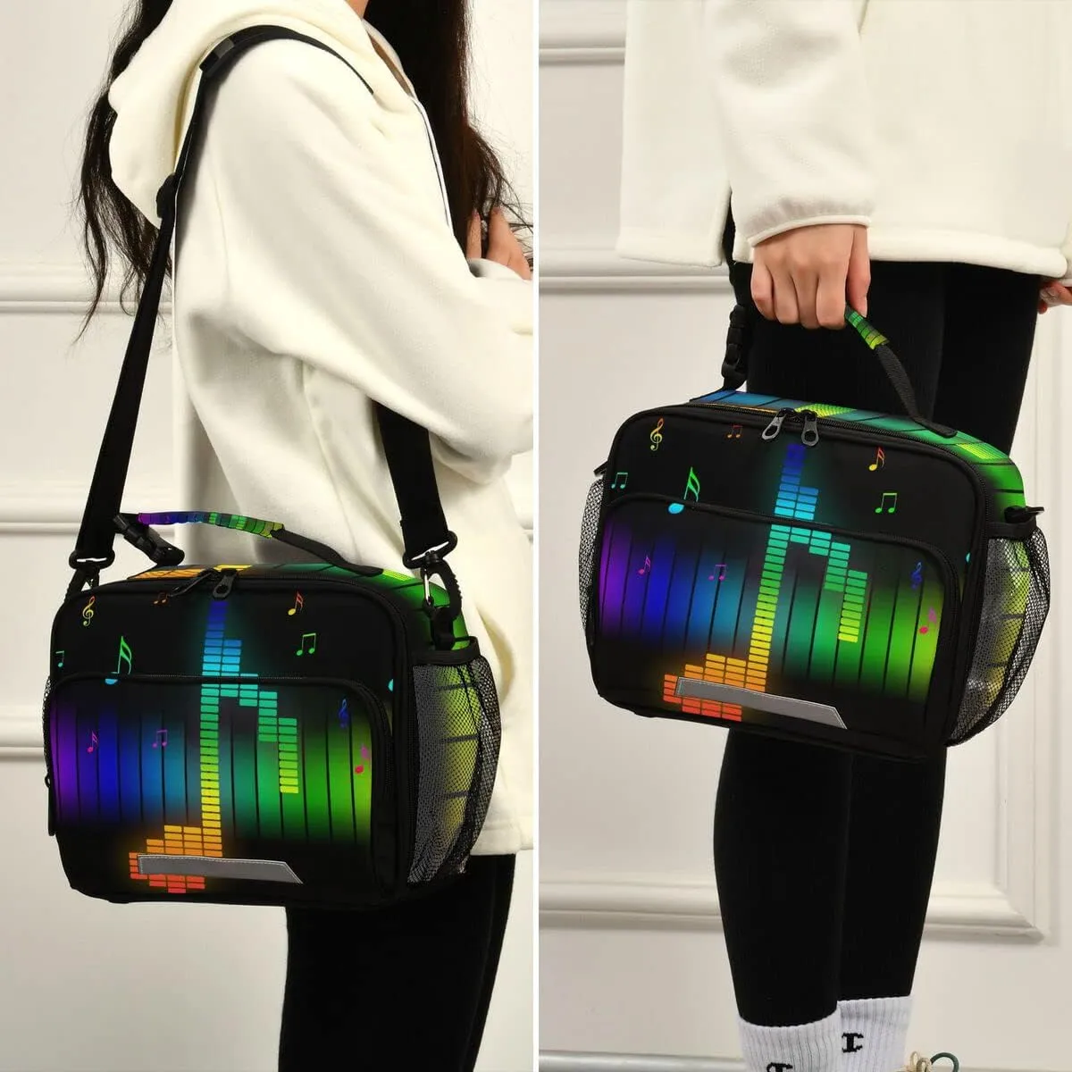 Exnundod Colorful Music Note Lunch Box Bag Rainbow Lines Reusable Insulated Bag for Men Woman Cooler Lunch Tote with Bottle Holder Adjuster Shoulder Strap Durable Lunch Bags