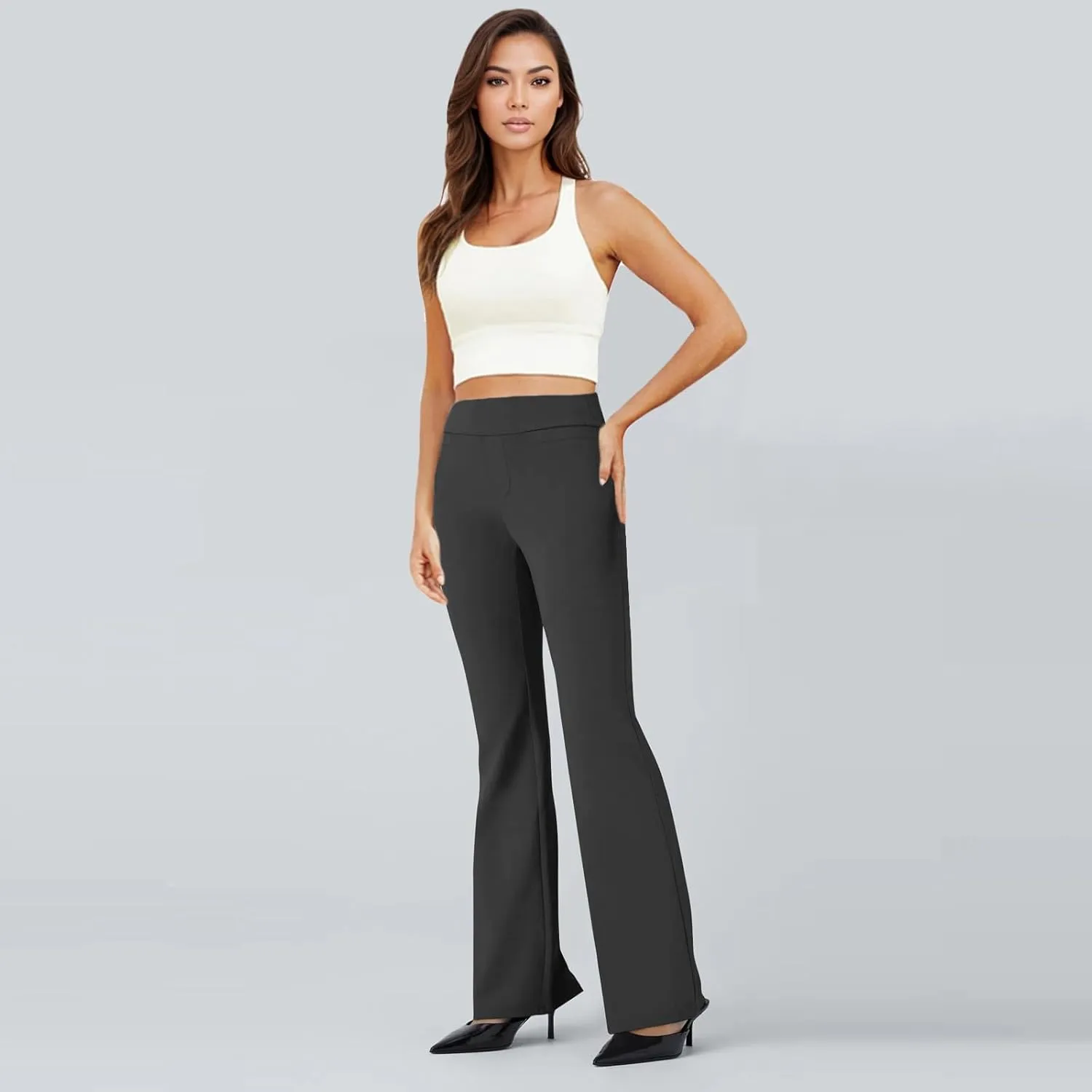 fanmpghleoo Pull On Dress Pants for Women Tummy Control Mini Flare Leggings with Pockets Stretchy Work Business Casual Slacks