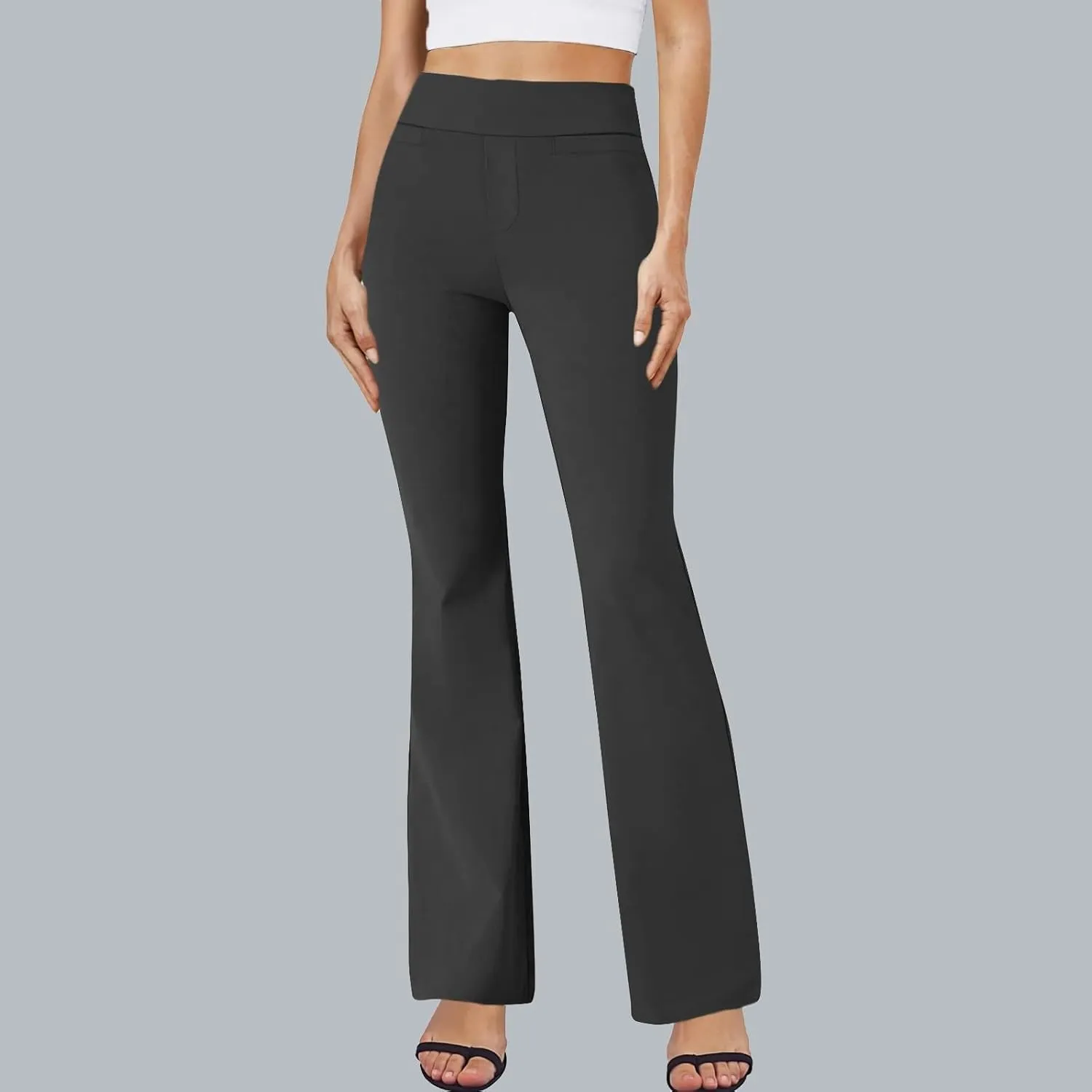 fanmpghleoo Pull On Dress Pants for Women Tummy Control Mini Flare Leggings with Pockets Stretchy Work Business Casual Slacks