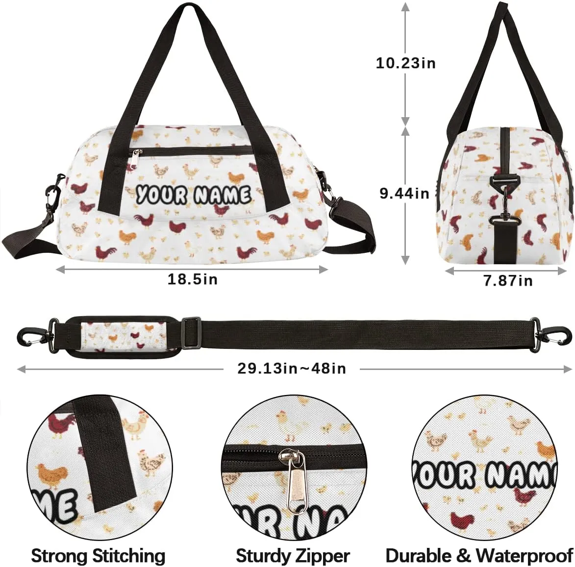 Farmhouse Rooster Chicken Personalized Kids Duffel Bag for Girls Boys, Rooster Debris Custom Dance Bag Overnight Small Duffel Bag Carry On Sports Travel Bag for School Practice Gymnastics Ballet