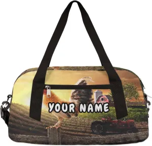 Farmhouse Rooster Farmland Personalized Kids Duffel Bag for Girls Boys, Rooster Debris Custom Overnight Small Duffel Bag Carry On Weekend Sports Travel Bag for School Practice Gymnastics Ballet