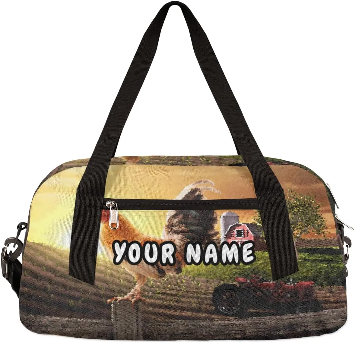 Farmhouse Rooster Farmland Personalized Kids Duffel Bag for Girls Boys, Rooster Debris Custom Overnight Small Duffel Bag Carry On Weekend Sports Travel Bag for School Practice Gymnastics Ballet