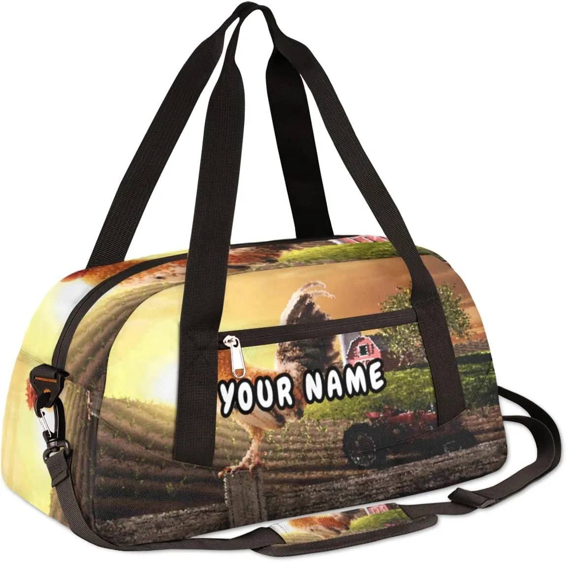 Farmhouse Rooster Farmland Personalized Kids Duffel Bag for Girls Boys, Rooster Debris Custom Overnight Small Duffel Bag Carry On Weekend Sports Travel Bag for School Practice Gymnastics Ballet