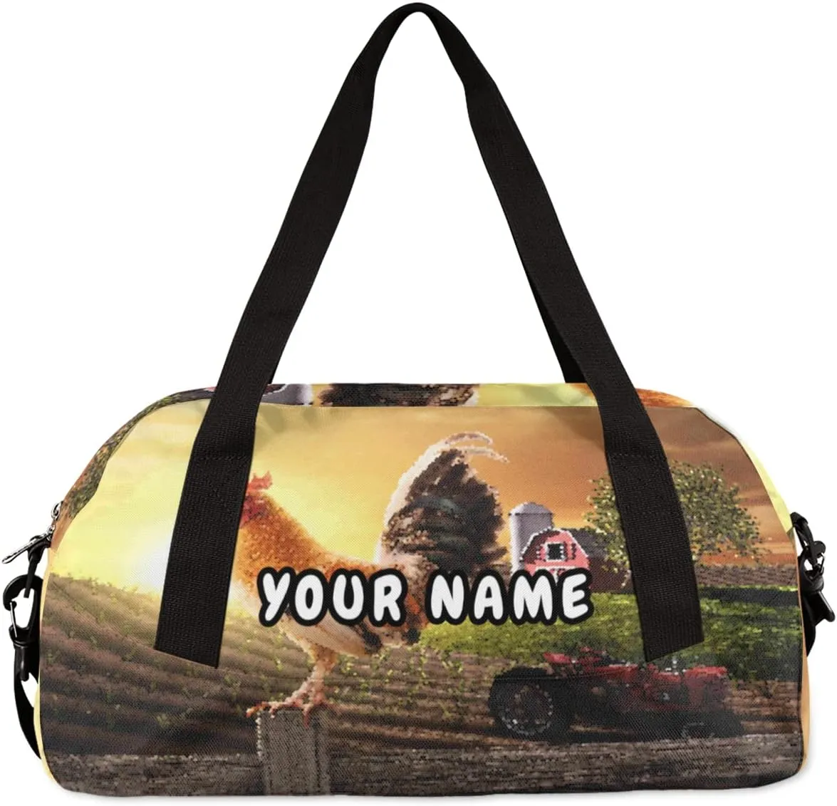 Farmhouse Rooster Farmland Personalized Kids Duffel Bag for Girls Boys, Rooster Debris Custom Overnight Small Duffel Bag Carry On Weekend Sports Travel Bag for School Practice Gymnastics Ballet
