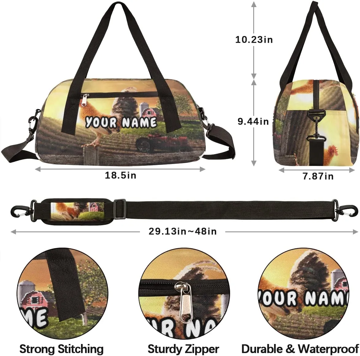 Farmhouse Rooster Farmland Personalized Kids Duffel Bag for Girls Boys, Rooster Debris Custom Overnight Small Duffel Bag Carry On Weekend Sports Travel Bag for School Practice Gymnastics Ballet