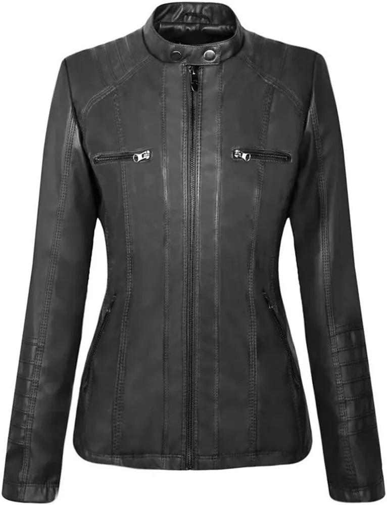 Faux Leather Jacket for Women Casual Moto Biker Jacket Quilted Full-Zip Coat