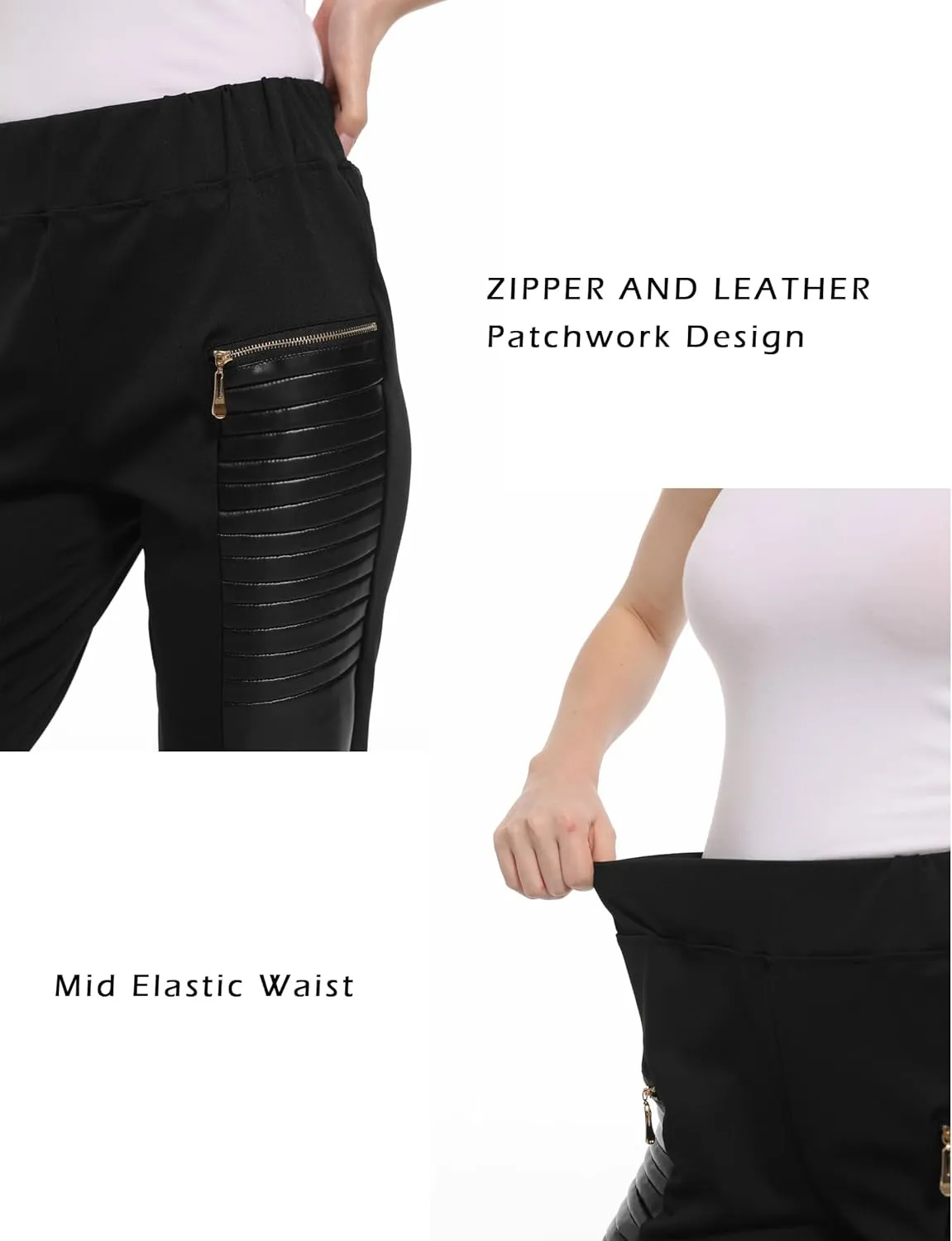 Faux Leather Leggings for Women Pleather Pant Elastic Mid Waisted Stretchy Patch Zip Tights