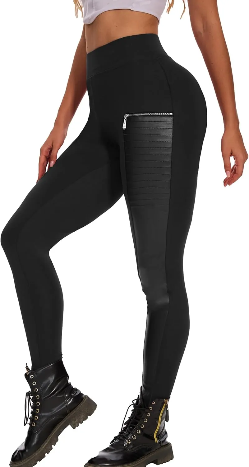 Faux Leather Leggings for Women Pleather Pant Elastic Mid Waisted Stretchy Patch Zip Tights