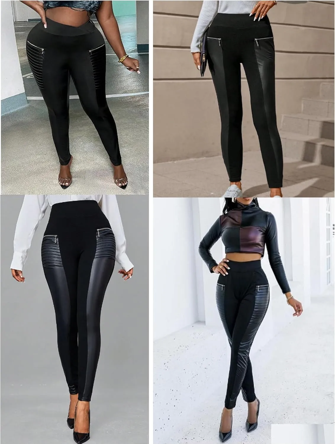 Faux Leather Leggings for Women Pleather Pant Elastic Mid Waisted Stretchy Patch Zip Tights