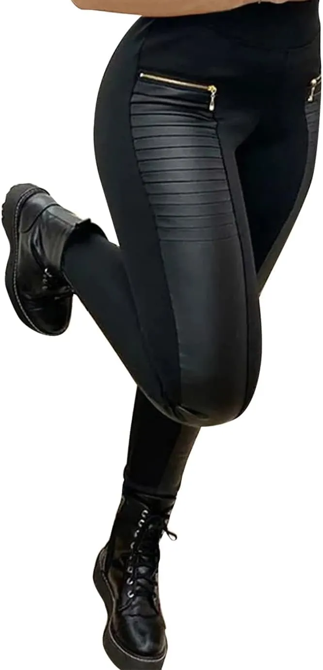 Faux Leather Leggings for Women Pleather Pant Elastic Mid Waisted Stretchy Patch Zip Tights