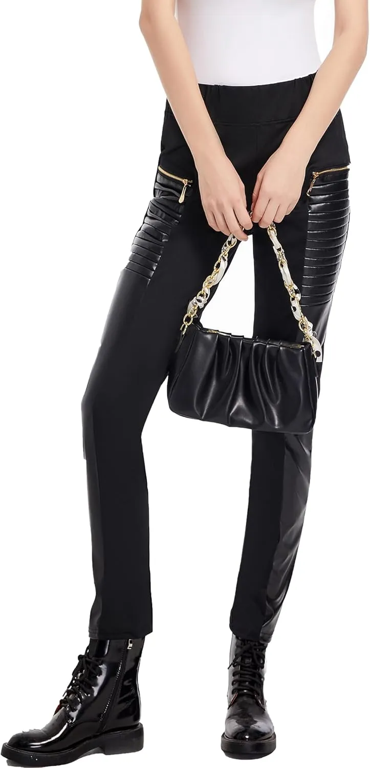 Faux Leather Leggings for Women Pleather Pant Elastic Mid Waisted Stretchy Patch Zip Tights