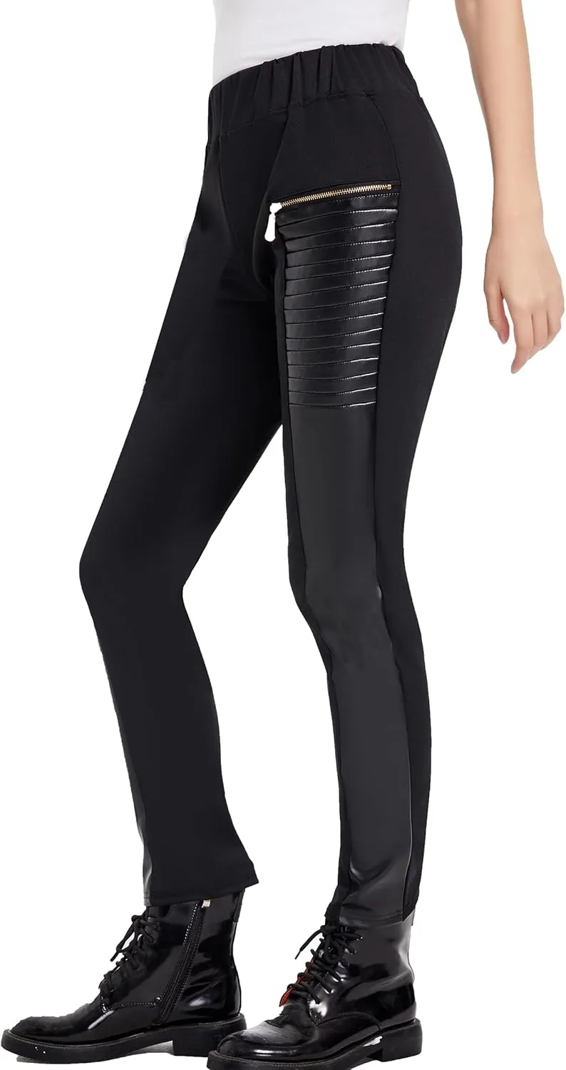 Faux Leather Leggings for Women Pleather Pant Elastic Mid Waisted Stretchy Patch Zip Tights