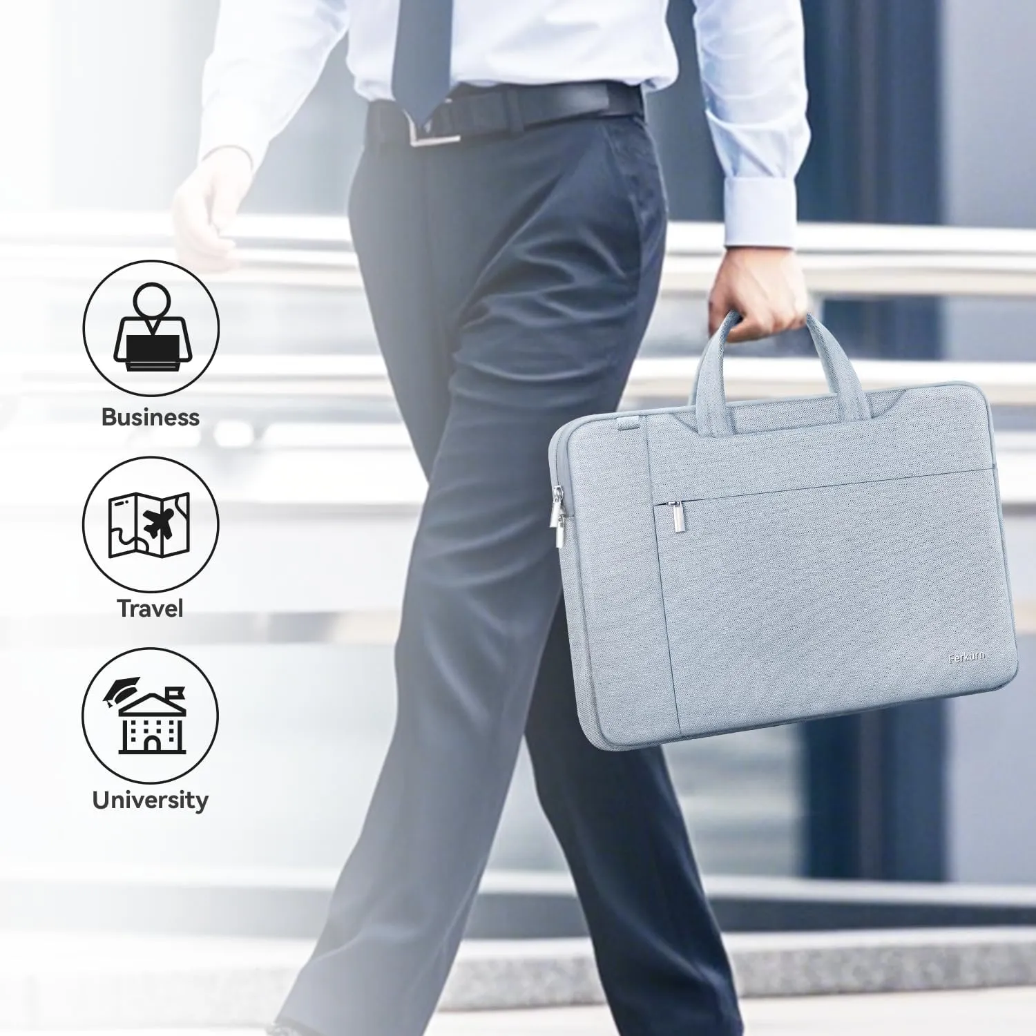 Ferkurn Laptop Bag Case Women Men Computer Sleeve with Shoulder Compatible with HP Envy Pavilion/Inspiron/Thinkpad/Vivobook/MSI/Surface,Waterproof Briefcase with Handle, Light Gray, 15 15.6 Inch