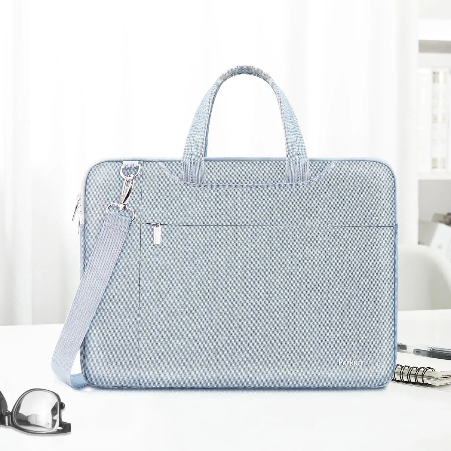 Ferkurn Laptop Bag Case Women Men Computer Sleeve with Shoulder Compatible with HP Envy Pavilion/Inspiron/Thinkpad/Vivobook/MSI/Surface,Waterproof Briefcase with Handle, Light Gray, 15 15.6 Inch