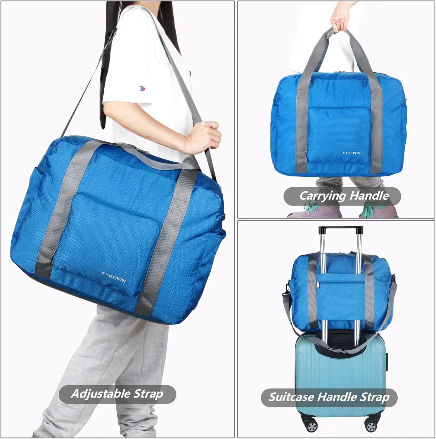 F.FETIVIN Personal item travel bag 18x14x8 for Spirit Airlines Lightweight carry on duffle bag waterproof for Gym,Sports,Vacation(Blue)