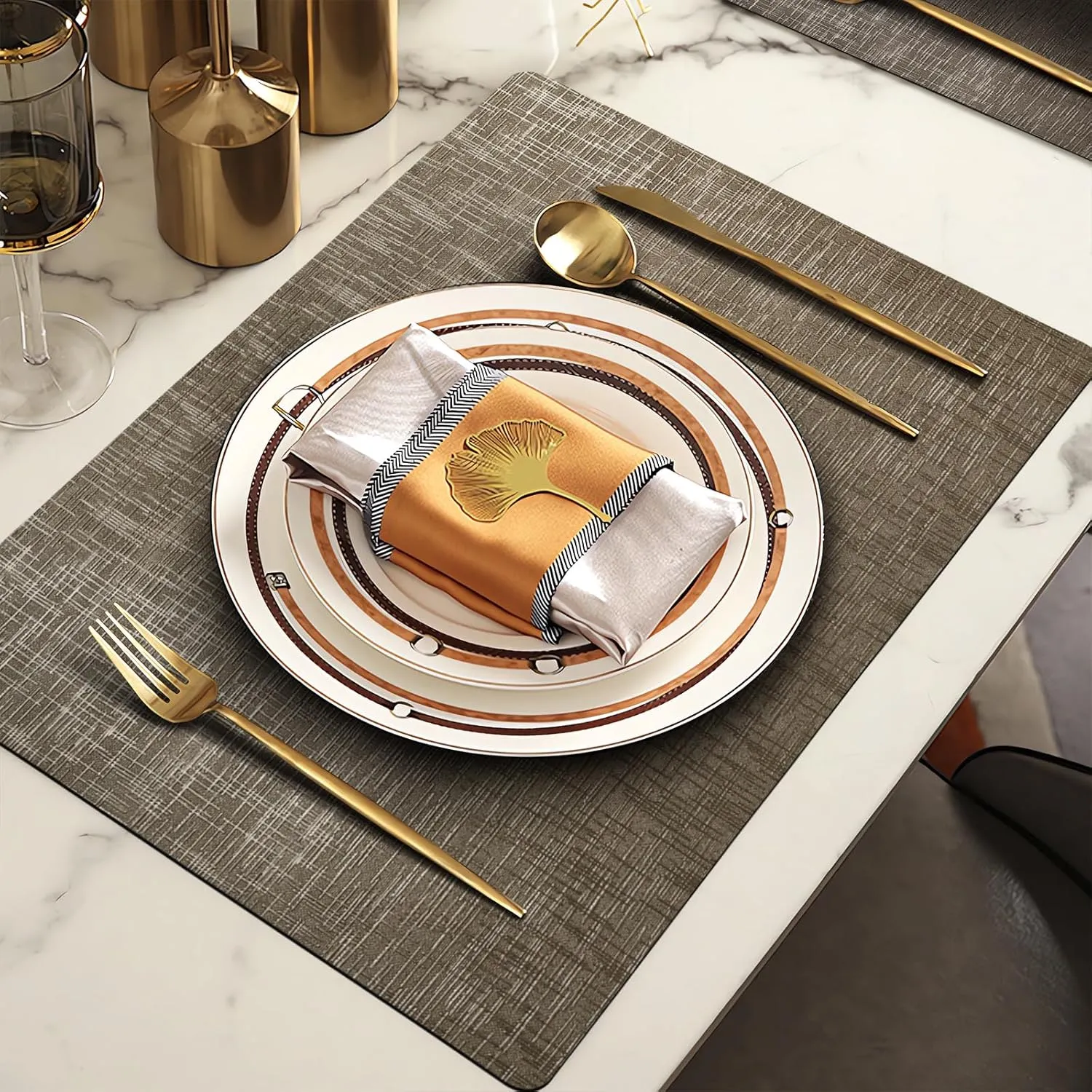 FGSAEOR Placemats Set of 4, Dual Sided Vinyl Wipeable Brilliance Table Mats 12 X 17 Inch, 100% Waterproof & Oilproof Faux Leather Place Mats for Kitchen/Dining/Party/Indoor & Outdoor - Bronze