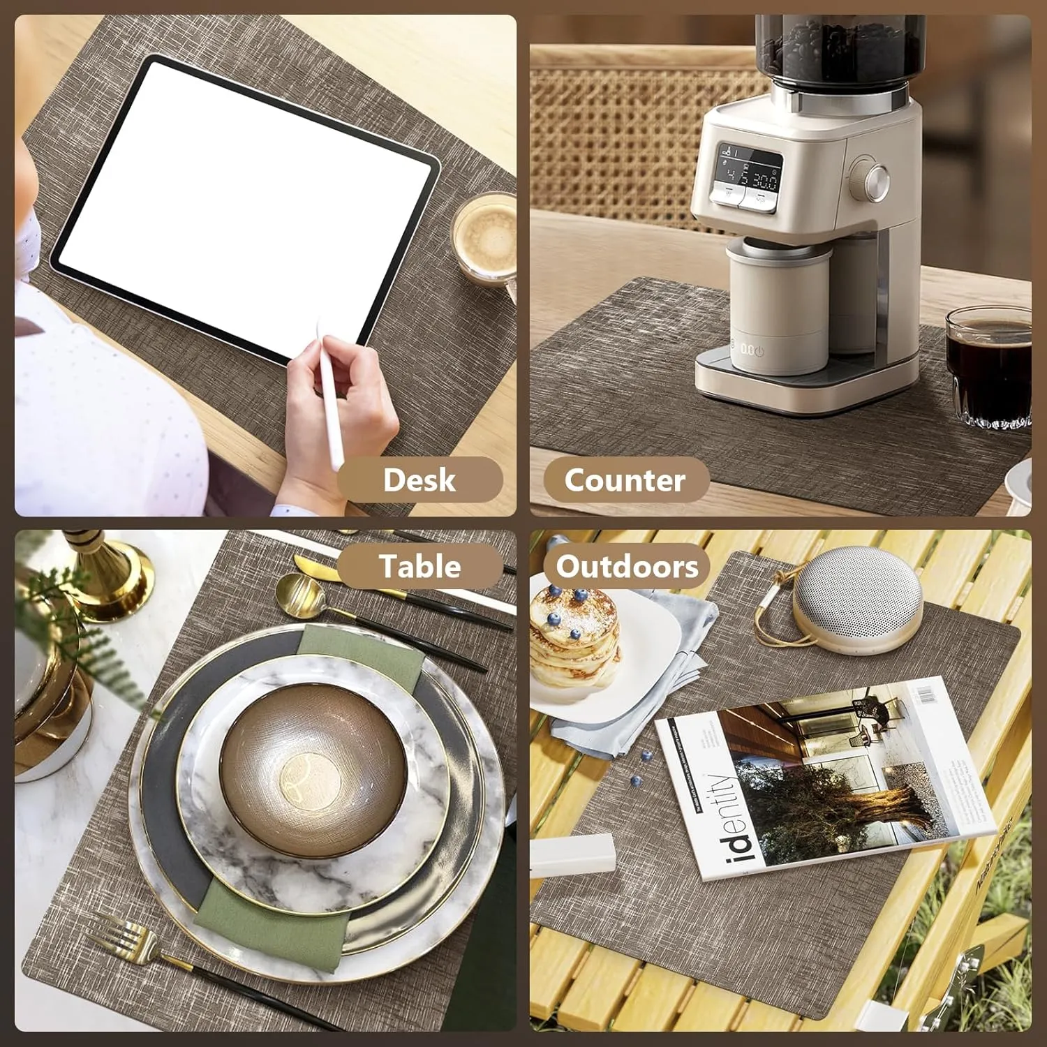 FGSAEOR Placemats Set of 4, Dual Sided Vinyl Wipeable Brilliance Table Mats 12 X 17 Inch, 100% Waterproof & Oilproof Faux Leather Place Mats for Kitchen/Dining/Party/Indoor & Outdoor - Bronze
