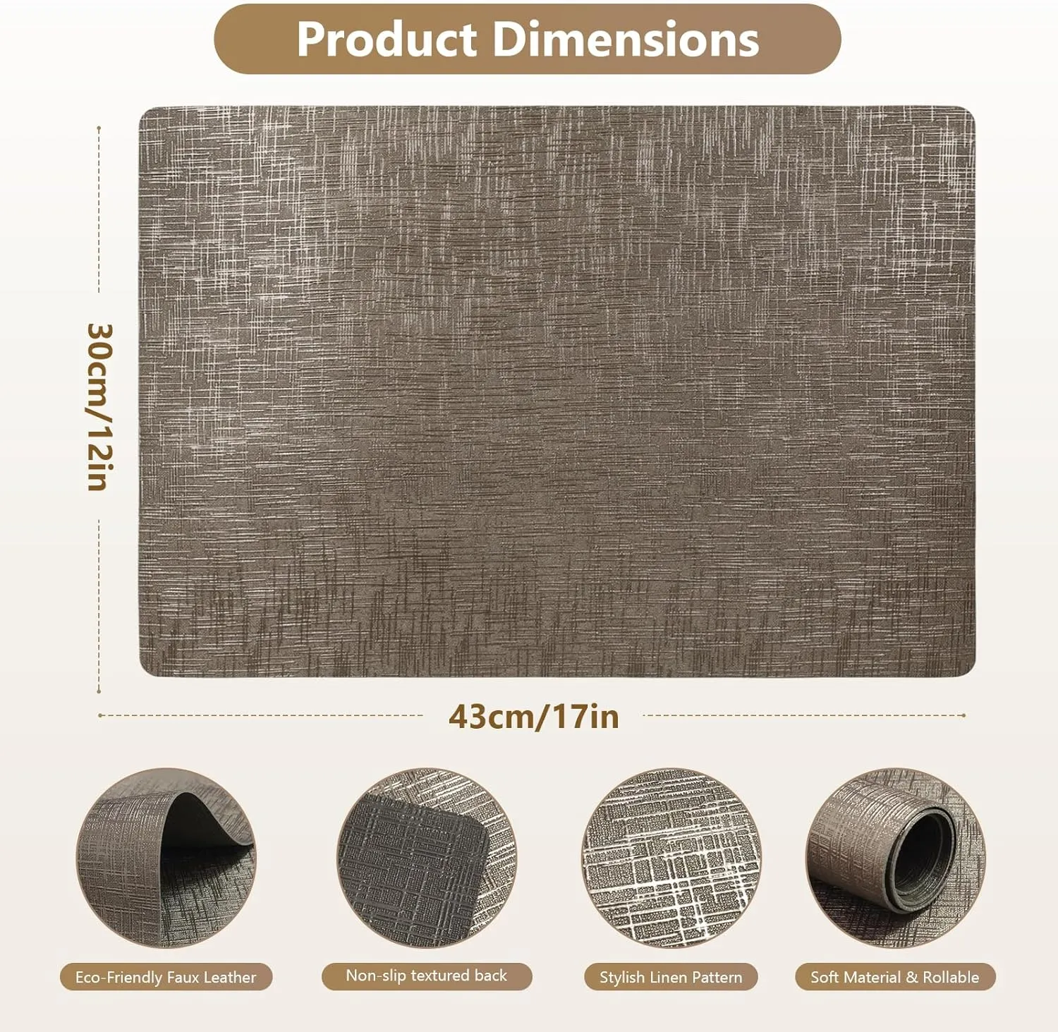FGSAEOR Placemats Set of 4, Dual Sided Vinyl Wipeable Brilliance Table Mats 12 X 17 Inch, 100% Waterproof & Oilproof Faux Leather Place Mats for Kitchen/Dining/Party/Indoor & Outdoor - Bronze