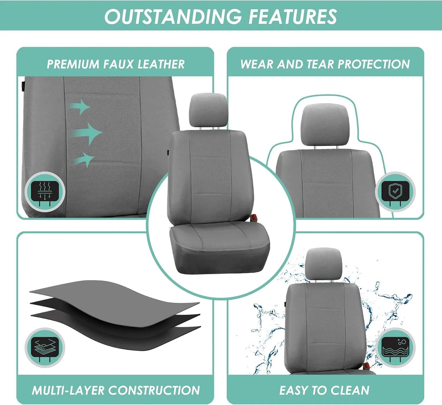 FH Group Full Set Faux Leather Car Seat Covers for Low Back Front Seat Covers, Airbag Compatible, Split Bench Rear Seat, Universal Fit for SUV, Sedan, Gray